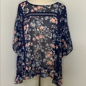 Bobeau Blue Floral Top Size L Large Loose Flowy